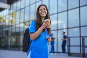 A health care aide enjoying a walk outside after a shift