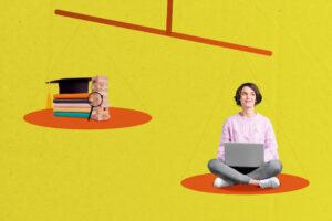 A student balancing hybrid learning with both online coursework and campus attendance