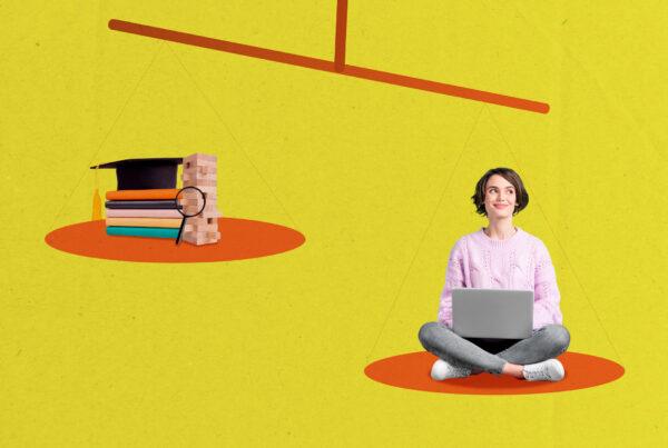 A student balancing hybrid learning with both online coursework and campus attendance